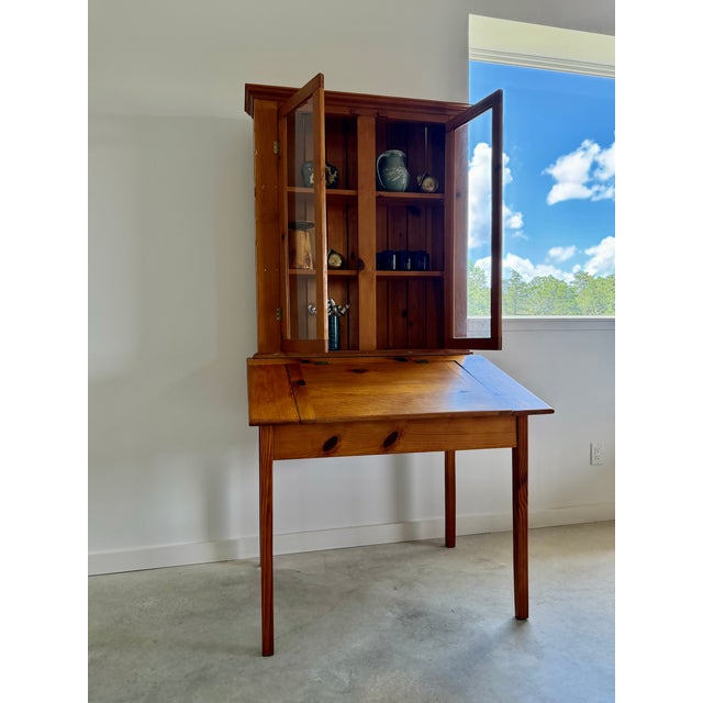 Slim Profile 1970s Shaker Style Pine Desk and Hutch + Glass Doors, 2 Pieces For Sale - Image 6 of 14