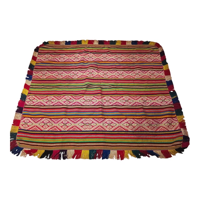 Antique Andean Folk Art Textile – Handwoven Geometric Pattern With Multicolor Fringe For Sale