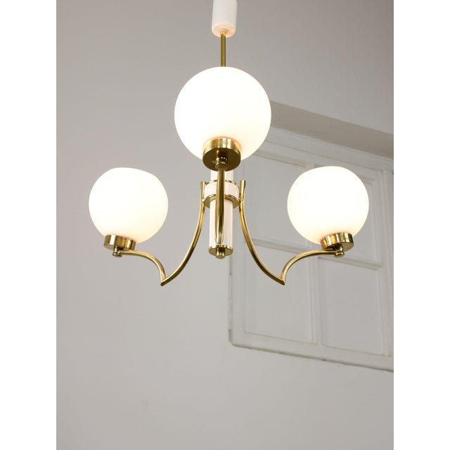 Mid-Century Modern Mid-Century Italian Brass and Opaline Chandelier For Sale - Image 3 of 16