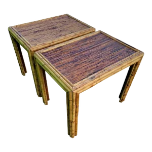 Vintage Tortoiseshell Burnt Bamboo Split Reed Rectangular Coastal Regency Side Tables- a Pair