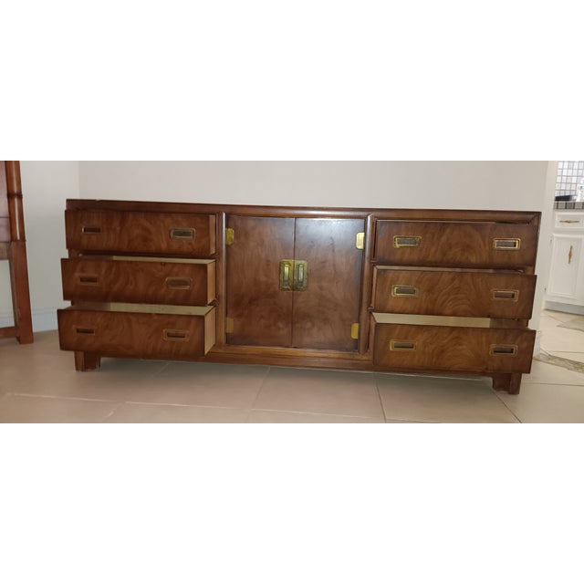 1960s Mid-Century Modern Walnut Drexel Heritage Dynasty Campaign Dresser or Credenza With Brass Hardware For Sale - Image 9 of 10