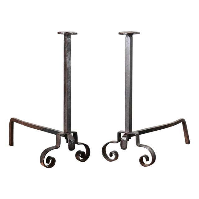 French Pair of 19th Century Hand-Forged Iron Andirons For Sale