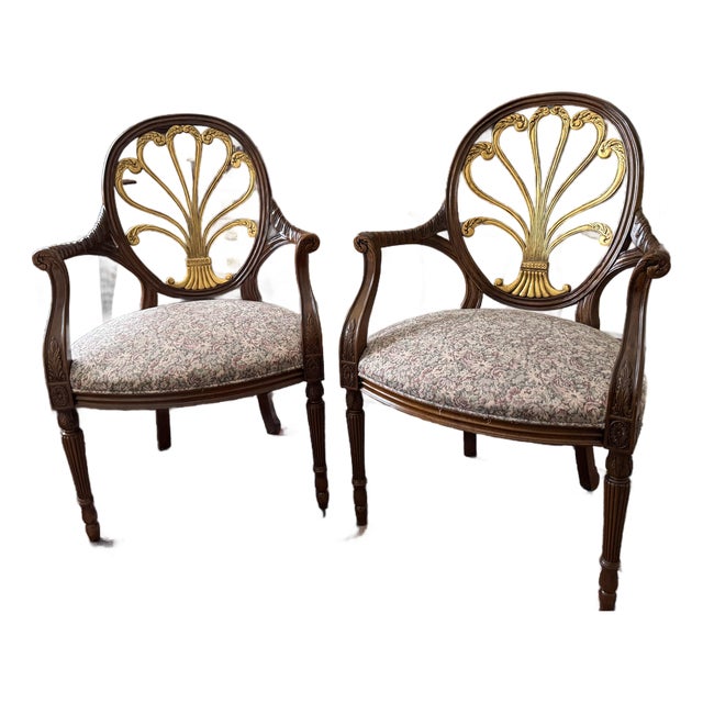 Mid 20th Century Pair Hickory Chair Anthenion Accent Arm Chairs Gold Gilt Floral Upholstered For Sale