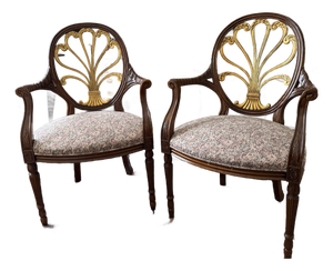 Mid 20th Century Pair Hickory Chair Anthenion Accent Arm Chairs Gold Gilt Floral Upholstered