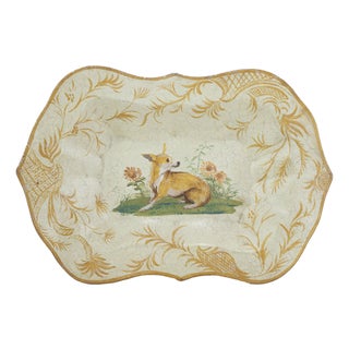 Vintage Hand Painted Tole Tray Cream With Dog and Sunflower Motif Scalloped Serving Tray For Sale