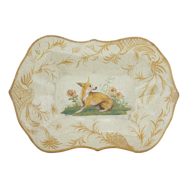 Vintage Hand Painted Tole Tray Cream With Dog and Sunflower Motif Scalloped Serving Tray For Sale
