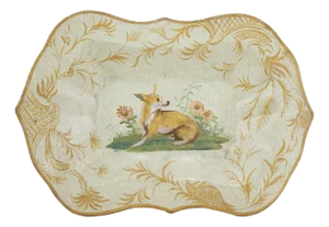 Vintage Hand Painted Tole Tray Cream With Dog and Sunflower Motif Scalloped Serving Tray