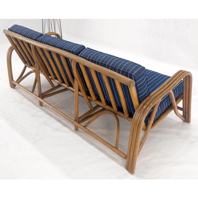 Mid-Century Modern 1970s Striped Blue Upholstery Bamboo Frame Mid Century Modern Sofa MINT! For Sale - Image 3 of 17