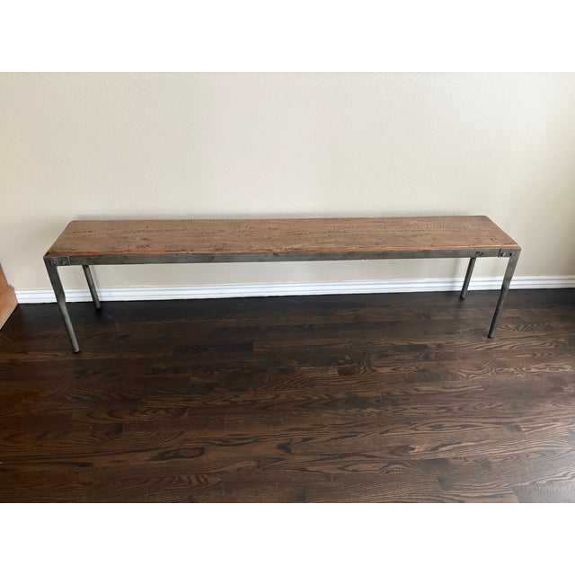 Industrial Arhaus Reclaimed Oak Table and Bench With Industrial Legs For Sale - Image 3 of 10
