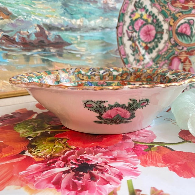Rose Vintage 1920s Chinoiserie Famille Rose Thousand Butterflies China Oval Bowl For Sale - Image 8 of 10
