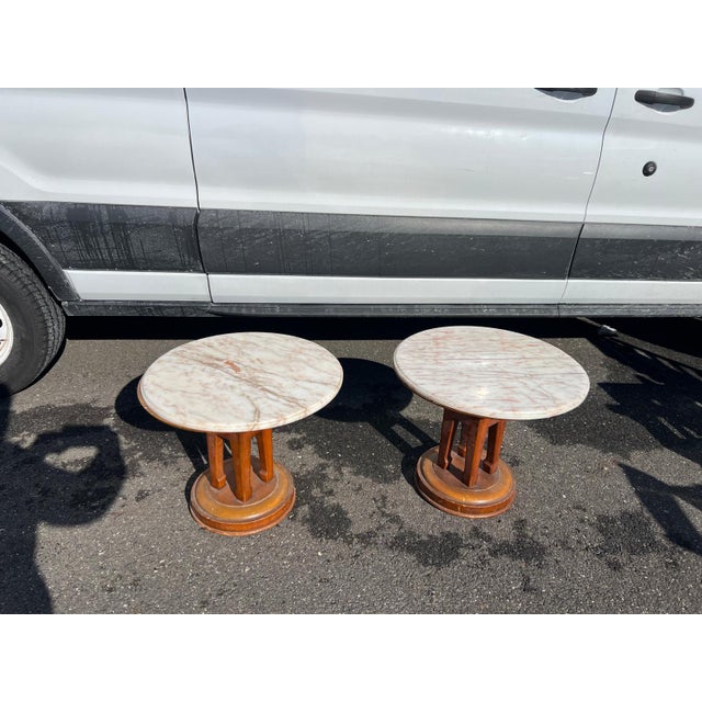 Pair of Vintage Art Deco Marble-Top Pedestal Side Tables For Sale - Image 4 of 5