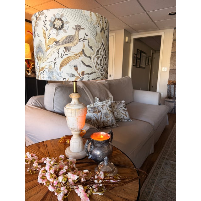 English Vintage Alabaster Urn Table Lamp With Custom Botanical Bird Shade – English Country Style For Sale - Image 3 of 4