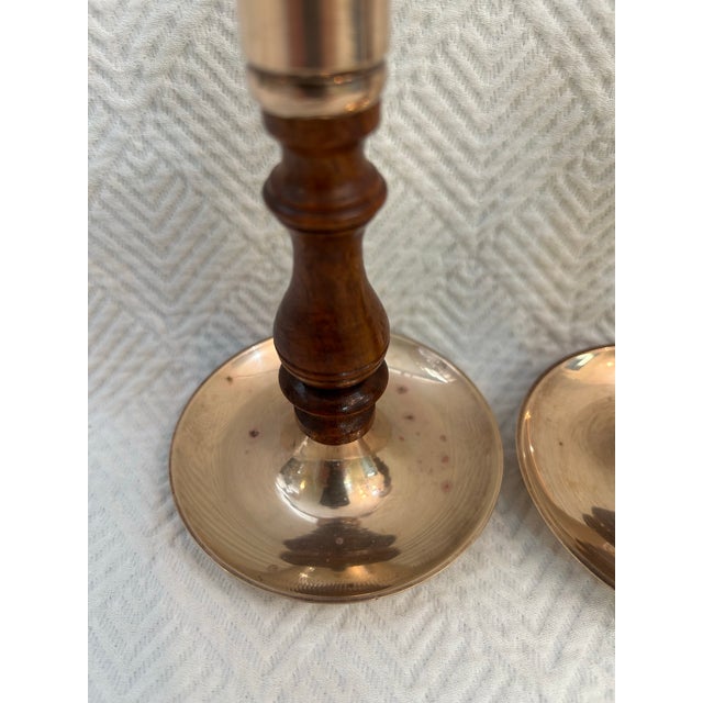 English Vintage Pair of Mahogany and Brass Candle Stick Holders For Sale - Image 3 of 9