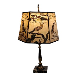 Antique Brass & Marble Table Lamp W/Bird Print Hexagon Shade Cottagecore Decor For Sale