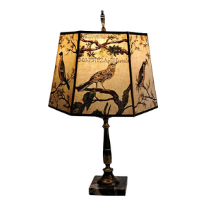 Antique Brass & Marble Table Lamp W/Bird Print Hexagon Shade Cottagecore Decor
