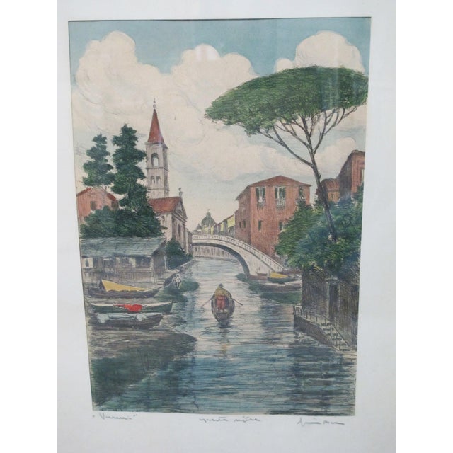 Bela Sziklay (Hungarian, 1911 - 1981) 1930's hand colored etching of canals in Venice showing a gondola amongst colorful...