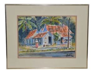 Vintage Watercolor "island Life" Original Painting C.1988