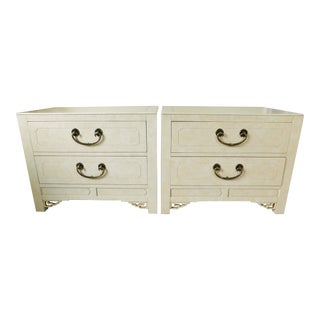 Pair Vintage Ivory Solid Wood Asian Chinoiserie Nightstands - White Furniture Co. For Sale