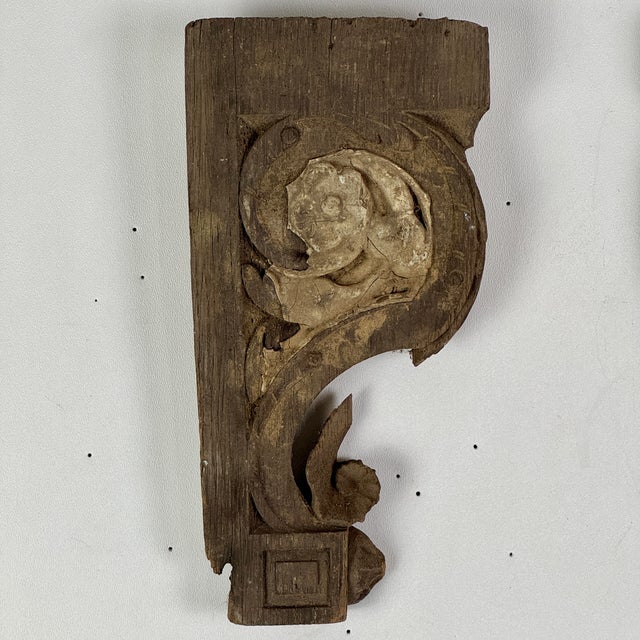Vintage Pair of Architectural Salvage Wood Elements With Remnant Paint in Scroll & Flower Design For Sale - Image 4 of 8
