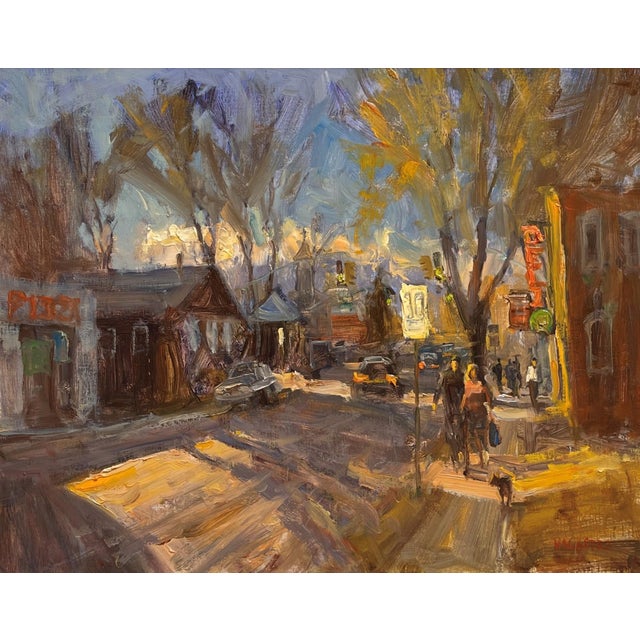In the Neighborhood by Ken Valastro | Oil on Canvas street scene with buildings and figures For Sale