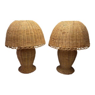 Pair of Vintage Boho Woven Rattan Lamps With Shades For Sale