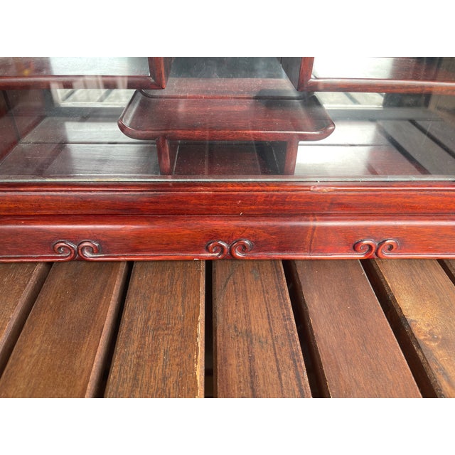 Vintage Chinese Rosewood 18 Shelf Curio Cabinet Glass Door Mirror Back Wall Mount For Sale - Image 4 of 7