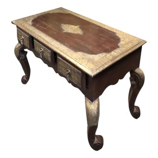 1920s Brass Clad Console Table – Ornate Rustic Farmhouse Accent Table For Sale