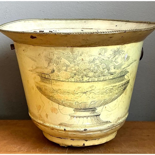 Vintage Distressed French Toile Metal Cache Pot - A Pair For Sale - Image 12 of 12