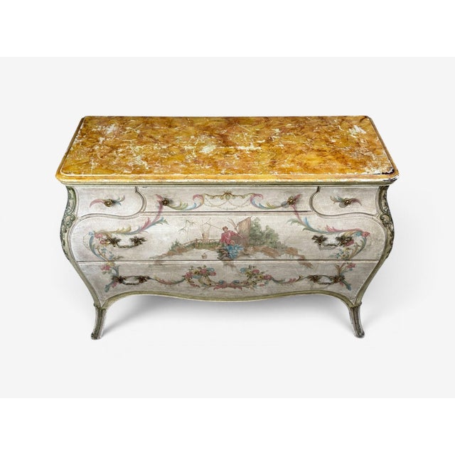 Venetian, Chinoiserie Bombé Commode, Beige Painted, Faux Marble, Italy, 1920s For Sale In New York - Image 6 of 18