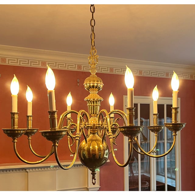 Late 20th Century Large Eight Light Brass Chandelier in the Dutch Queen Anne Style For Sale In New York - Image 6 of 8