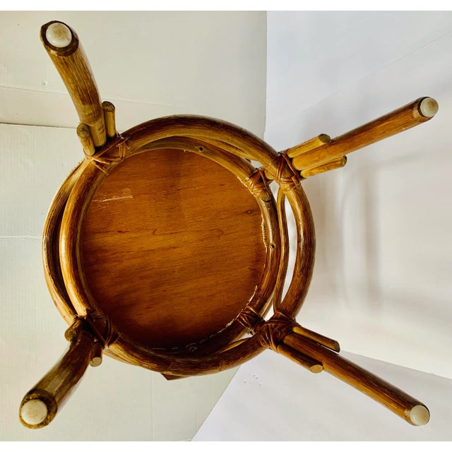 1970’s Palm Beach, Coastal Vintage Lattice Back Rattan Bamboo Wicker Cane Horseshoe Chairs With Original Upholstery - A Pair For Sale - Image 10 of 11