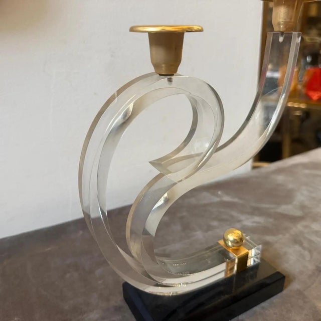 Two 1970 Mid-Century Modern Black and Clear Lucite and Brass French Candlesticks For Sale - Image 9 of 14