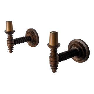 French Wall Sconces in Turned Wood by Charles Dudouyt, 1940s, Set of 2 For Sale