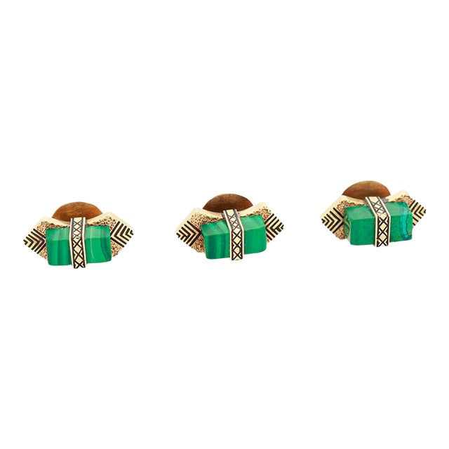 Set of 3 Antique Art Deco 14k Gold, Enamel, & Malachite Tuxedo Shirt Buttons For Sale