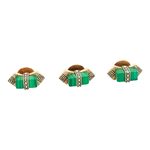 Set of 3 Antique Art Deco 14k Gold, Enamel, & Malachite Tuxedo Shirt Buttons