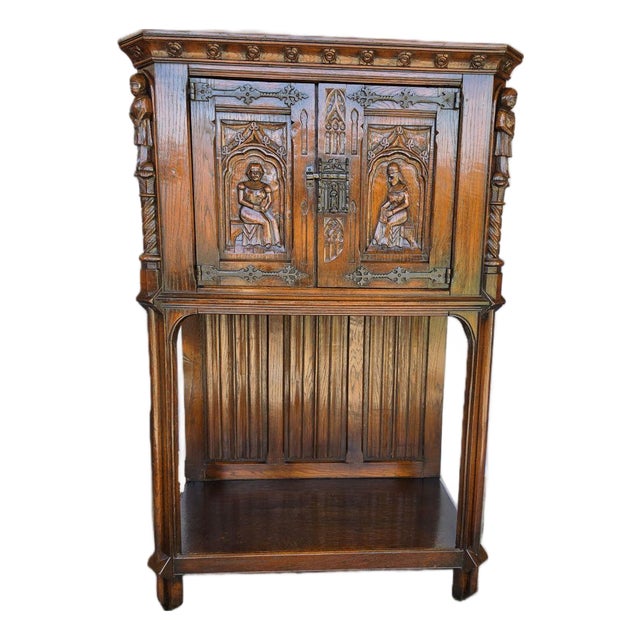 Antique Flemish-Style Gothic Revival Carved Oak Pass-Through Credence Cabinet, C. 1900. For Sale