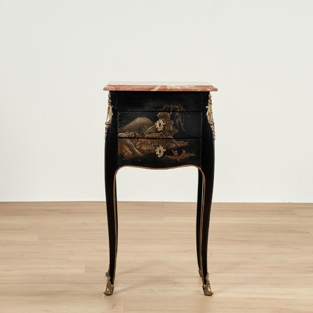 Handsome 19th century French Louis XV style stand with the original beveled marble top on a two drawer ebonized case ,hand...