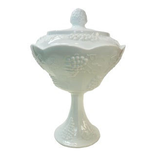 Vintage Westmoreland Milk Glass "Paneled Grape" Large Footed Compote For Sale