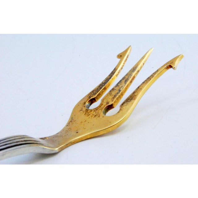 Silver Serving Fork with Three Golden Tines and Stripes For Sale - Image 5 of 9