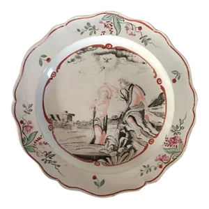 1780 - 1790 English George III Staffordshire Leeds Creamware Plate with Hand Painted Jesus Figure