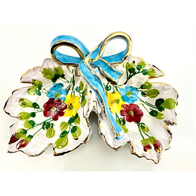 Rustic European 1960s Mid-Century Hand Painted Blue Bow Decorative Dish For Sale - Image 3 of 12
