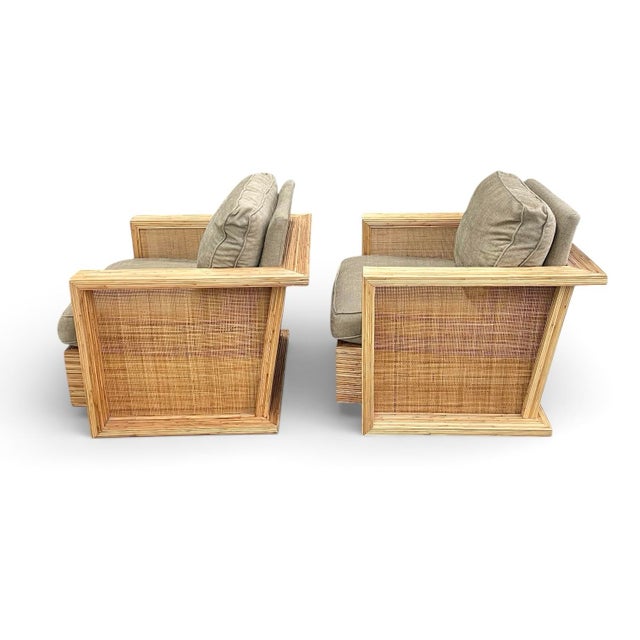 French Vintage Sculptural Rattan and Cane Club Chairs After Jean-Michel Frank - A Pair For Sale - Image 3 of 8