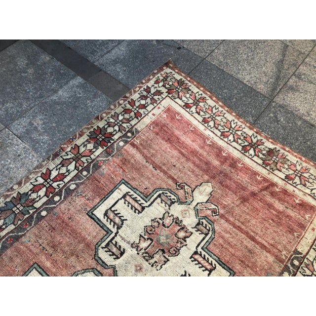 Art Deco 1960s Vintage Tribal Handmade Turkish Faded Rug- 3′8″ × 5′10″ For Sale - Image 3 of 11
