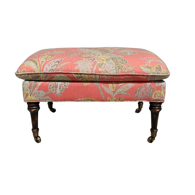 English Custom Cr Laine Coral Botanical Cocktail Ottoman | Luxury Designer Upholstered Coffee Table Ottoman With Turned Wood Legs & Brass Casters For Sale - Image 3 of 11