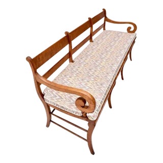 Early 19th Century Birdseye Maple Sabre Leg Caned Bench For Sale