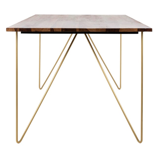 Modern Hairpin Legs Wood Dining Table in Walnut & Brass For Sale - Image 3 of 8