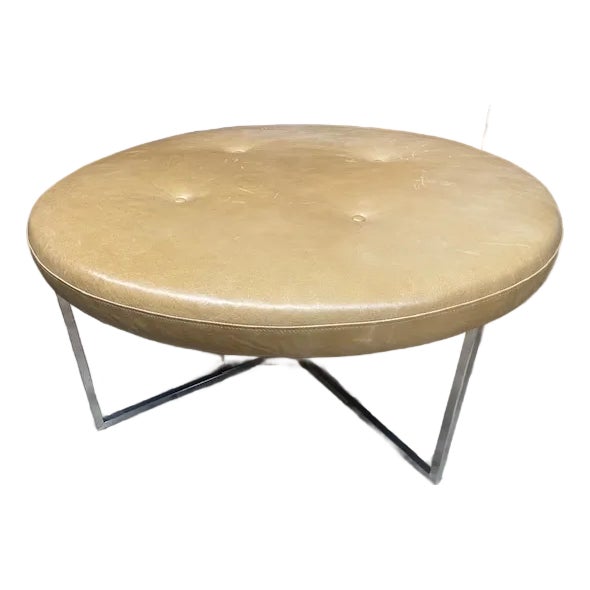 Mid Century Style Room & Board Tan Tufted Leather & Chrome Round Ottoman Stool For Sale