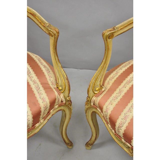 Antique French Louis XV Style Gold Giltwood Pink Stripe Fauteuil Arm Chair, Pair For Sale - Image 9 of 18