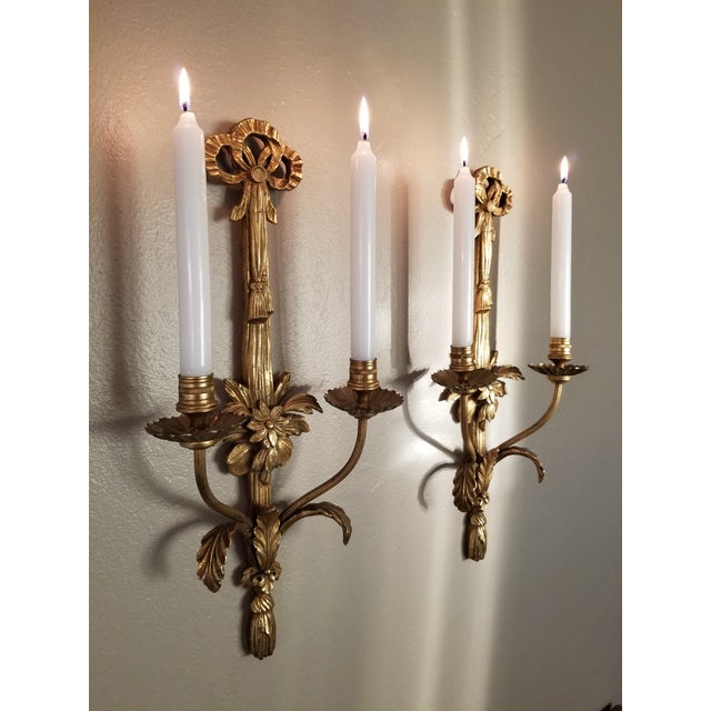 Friedman Brothers Vintage Pair of Friedman Brothers New York Louis XVI Style Gilt Gesso Wall Sconces For Sale - Image 4 of 18