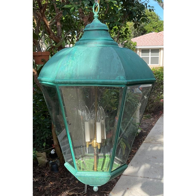 Large Vintage Solid Brass Hanging Lantern Chandelier / 34” H X 21” W For Sale - Image 14 of 18